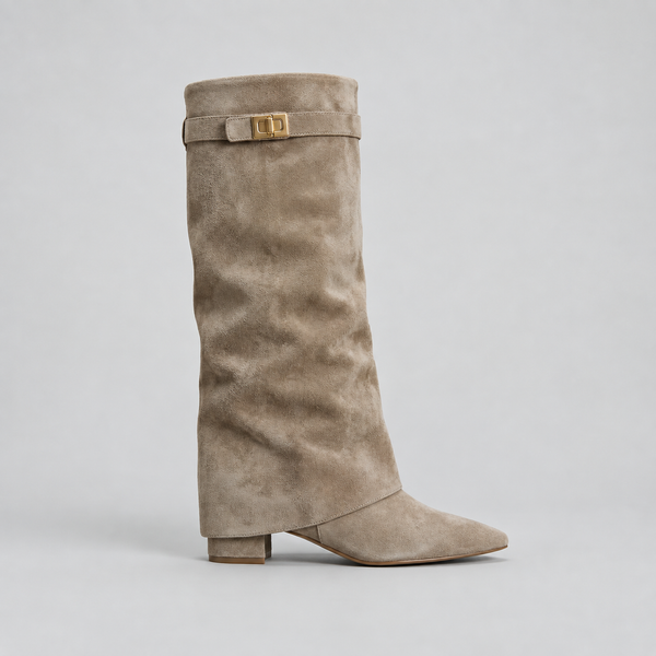 Women’s Knee High Boots with Low Block Heel & Gold Buckle Detail