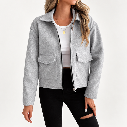 Women’s Grey Zip-Up Utility Overshirt - Long Sleeve with Flap Pockets