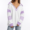 Women's Oversized V-Neck Sweatshirt with Striped Sleeves