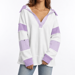 Women's Oversized V-Neck Sweatshirt with Striped Sleeves
