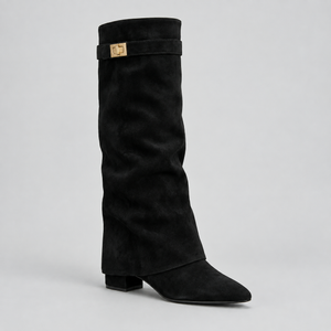 Women’s Knee High Boots with Low Block Heel & Gold Buckle Detail