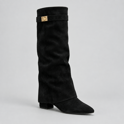 Women’s Knee High Boots with Low Block Heel & Gold Buckle Detail