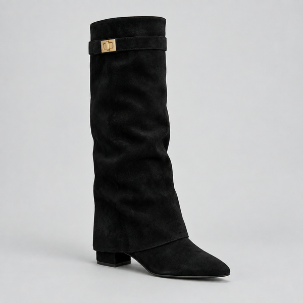 Women’s Knee High Boots with Low Block Heel & Gold Buckle Detail