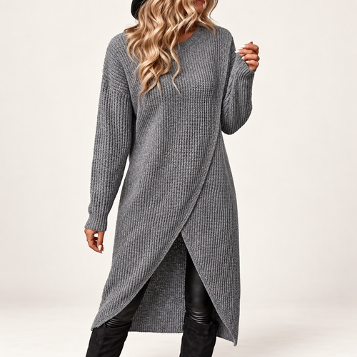 Women’s Grey Ribbed Knit Sweater Dress | Long Sleeve Midi Tunic