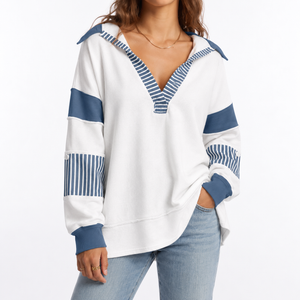 Women's Oversized V-Neck Sweatshirt with Striped Sleeves