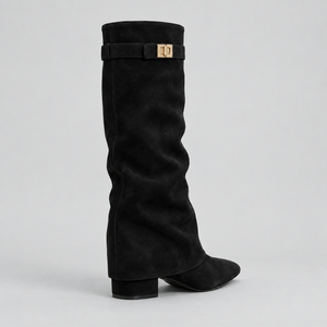 Women’s Knee High Boots with Low Block Heel & Gold Buckle Detail
