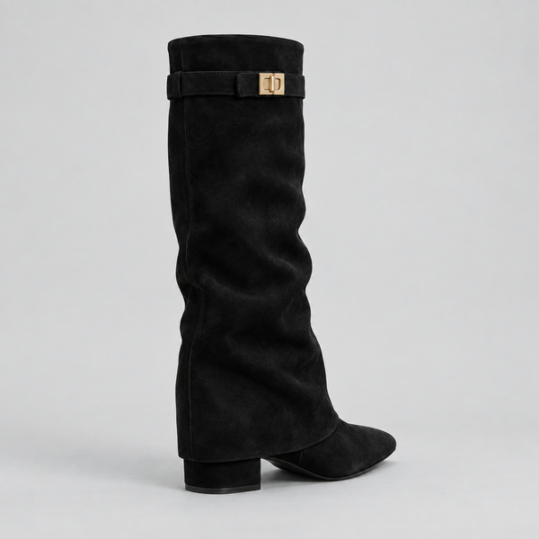 Women’s Knee High Boots with Low Block Heel & Gold Buckle Detail
