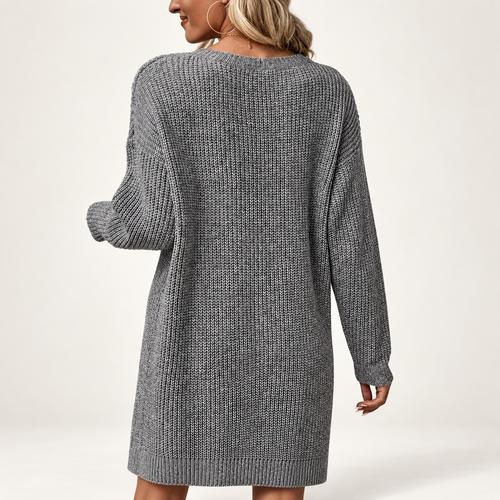 Women’s Grey Ribbed Knit Sweater Dress | Long Sleeve Midi Tunic