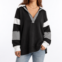 Women's Oversized V-Neck Sweatshirt with Striped Sleeves