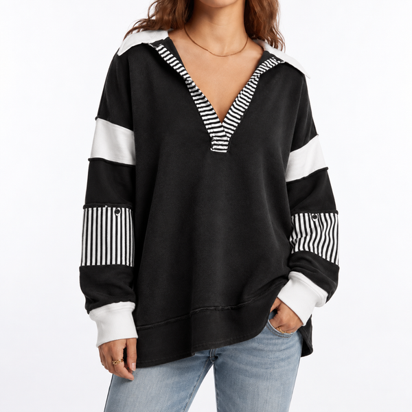 Women's Oversized V-Neck Sweatshirt with Striped Sleeves