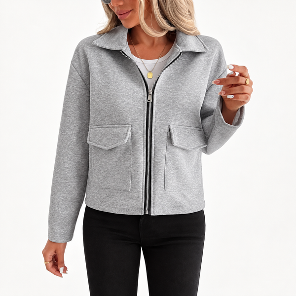Women’s Grey Zip-Up Utility Overshirt - Long Sleeve with Flap Pockets