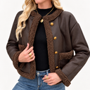 Women’s Brown Shearling Trim Jacket - Cropped Faux Leather Winter Coat