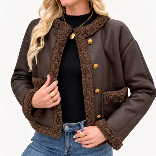 Women’s Brown Shearling Trim Jacket - Cropped Faux Leather Winter Coat