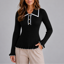Women’s Ribbed Knit Long Sleeve Top | Contrast Collar & Gold Buttons