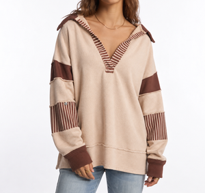 Women's Oversized V-Neck Sweatshirt with Striped Sleeves