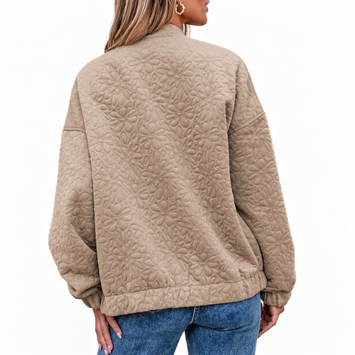 Women’s Beige Quilted Jacket | Zip-Up Long Sleeve Outerwear with Front Pockets