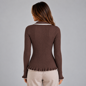 Women’s Ribbed Knit Long Sleeve Top | Contrast Collar & Gold Buttons
