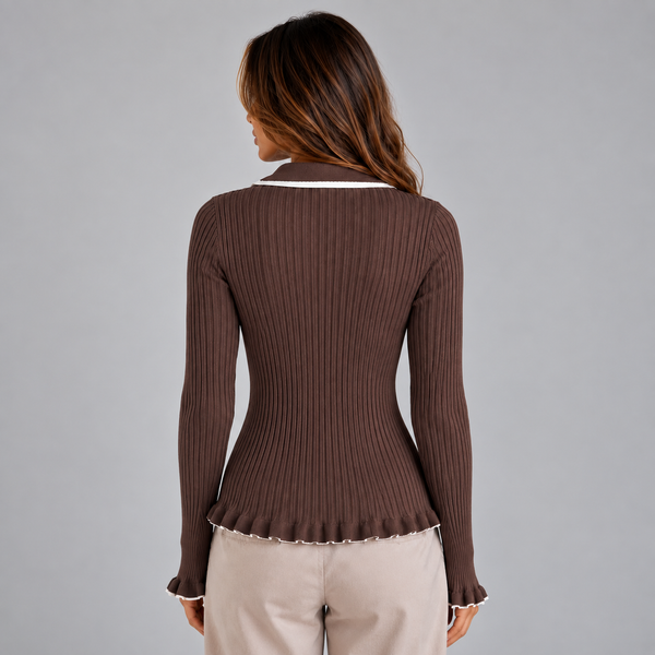 Women’s Ribbed Knit Long Sleeve Top | Contrast Collar & Gold Buttons