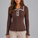 Women’s Ribbed Knit Long Sleeve Top | Contrast Collar & Gold Buttons