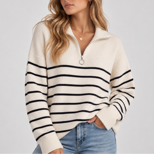 Women's Striped Quarter Zip Knit Sweater – Relaxed Fit Pullover
