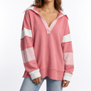 Women's Oversized V-Neck Sweatshirt with Striped Sleeves