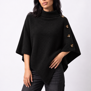Women’s Knitted Turtleneck Poncho with Buttons and Asymmetric Hem