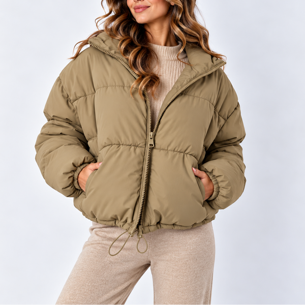 Women's Oversized Puffer Jacket with High Collar and Pockets