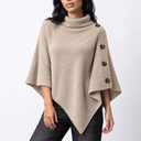 Women’s Knitted Turtleneck Poncho with Buttons and Asymmetric Hem