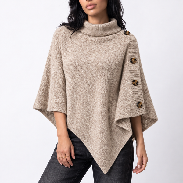 Women’s Knitted Turtleneck Poncho with Buttons and Asymmetric Hem