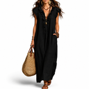 Women's Casual Maxi Dress | Ruffle V-Neck Loose Fit Dress with Pockets