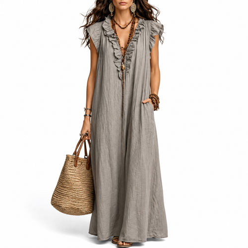 Women's Casual Maxi Dress | Ruffle V-Neck Loose Fit Dress with Pockets
