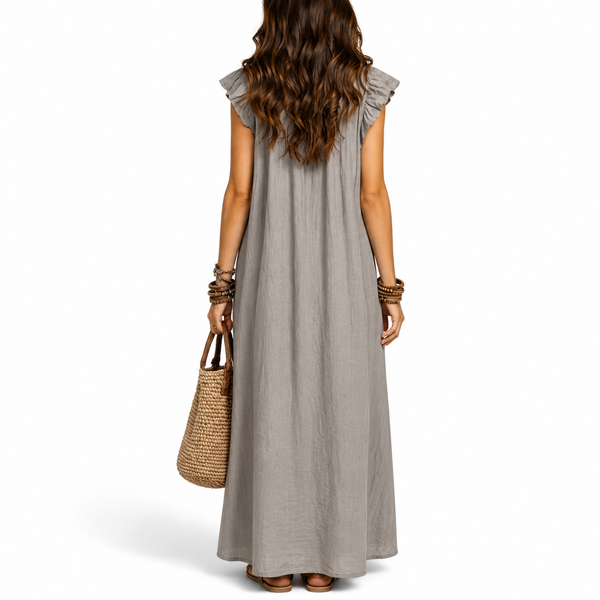 Women's Casual Maxi Dress | Ruffle V-Neck Loose Fit Dress with Pockets