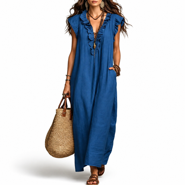 Women's Casual Maxi Dress | Ruffle V-Neck Loose Fit Dress with Pockets