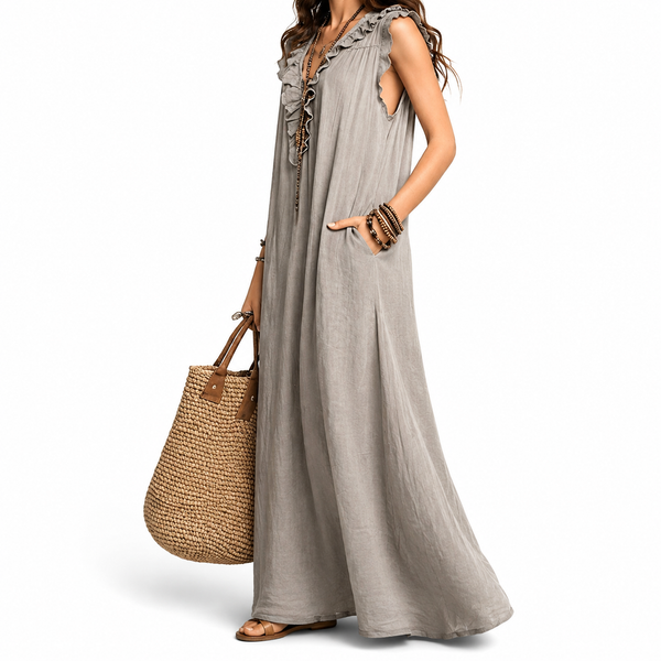 Women's Casual Maxi Dress | Ruffle V-Neck Loose Fit Dress with Pockets
