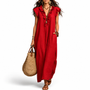 Women's Casual Maxi Dress | Ruffle V-Neck Loose Fit Dress with Pockets