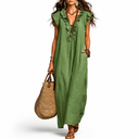 Women's Casual Maxi Dress | Ruffle V-Neck Loose Fit Dress with Pockets