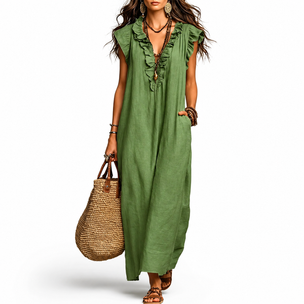 Women's Casual Maxi Dress | Ruffle V-Neck Loose Fit Dress with Pockets