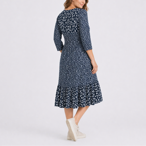 Women’s Floral Midi Dress with V-Neck and Smocked Waist