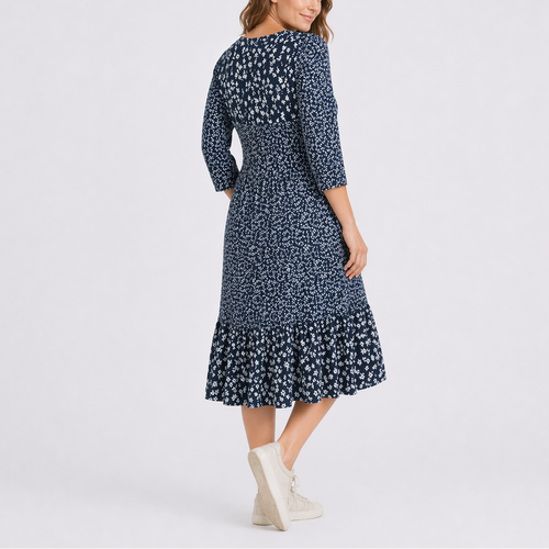 Women’s Floral Midi Dress with V-Neck and Smocked Waist