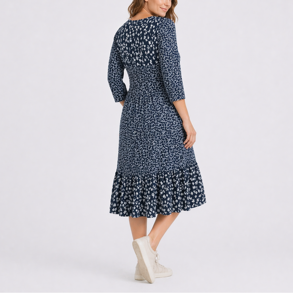 Women’s Floral Midi Dress with V-Neck and Smocked Waist