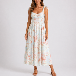 Pastel Floral Midi Dress with Tie Shoulders and Ruched Bodice