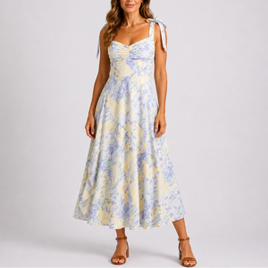 Pastel Floral Midi Dress with Tie Shoulders and Ruched Bodice