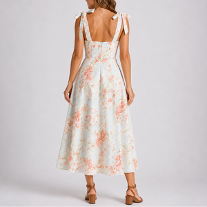 Pastel Floral Midi Dress with Tie Shoulders and Ruched Bodice