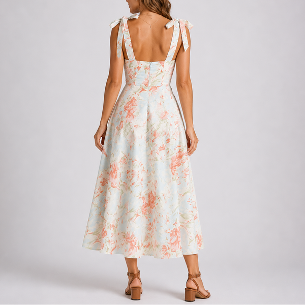 Pastel Floral Midi Dress with Tie Shoulders and Ruched Bodice