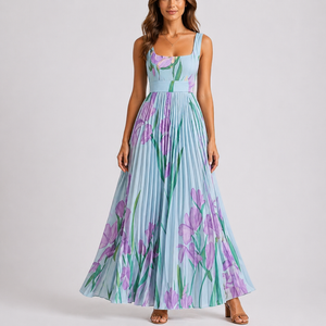 Women’s Pleated Floral Maxi Dress with Garden Print