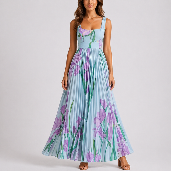 Women’s Pleated Floral Maxi Dress with Garden Print
