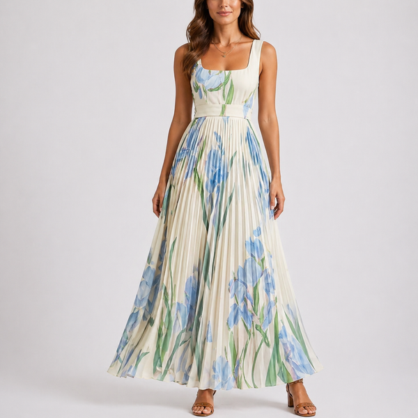 Women’s Pleated Floral Maxi Dress with Garden Print