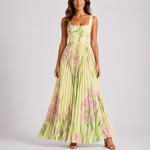 Women’s Pleated Floral Maxi Dress with Garden Print