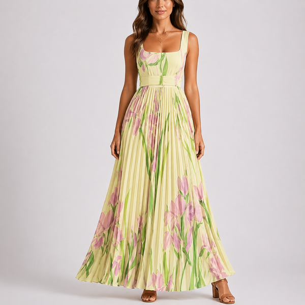 Women’s Pleated Floral Maxi Dress with Garden Print