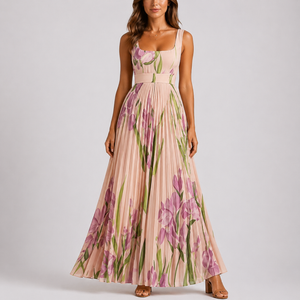 Women’s Pleated Floral Maxi Dress with Garden Print